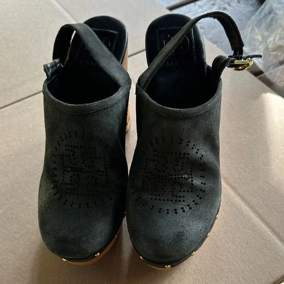 Tory Burch Black Suede Mules with Gold Accents - Picture 1 of 4